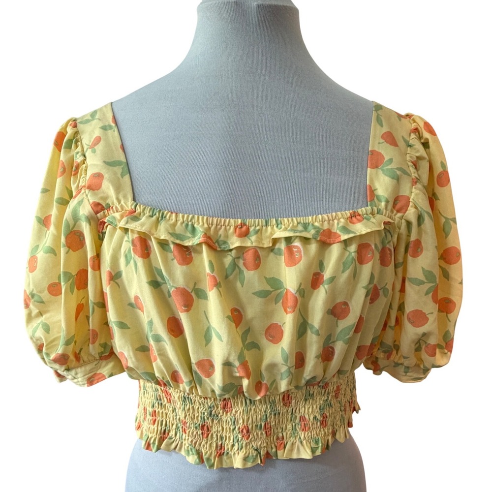 Blu Pepper Yellow Orange Fruit Print Smocked Crop Top Puff Sleeve Square Neck L
